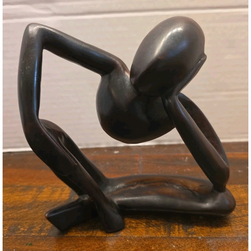 Hand Carved Wood Thinking Man Sculpture Abstract Meditating Seated Yogi Statue